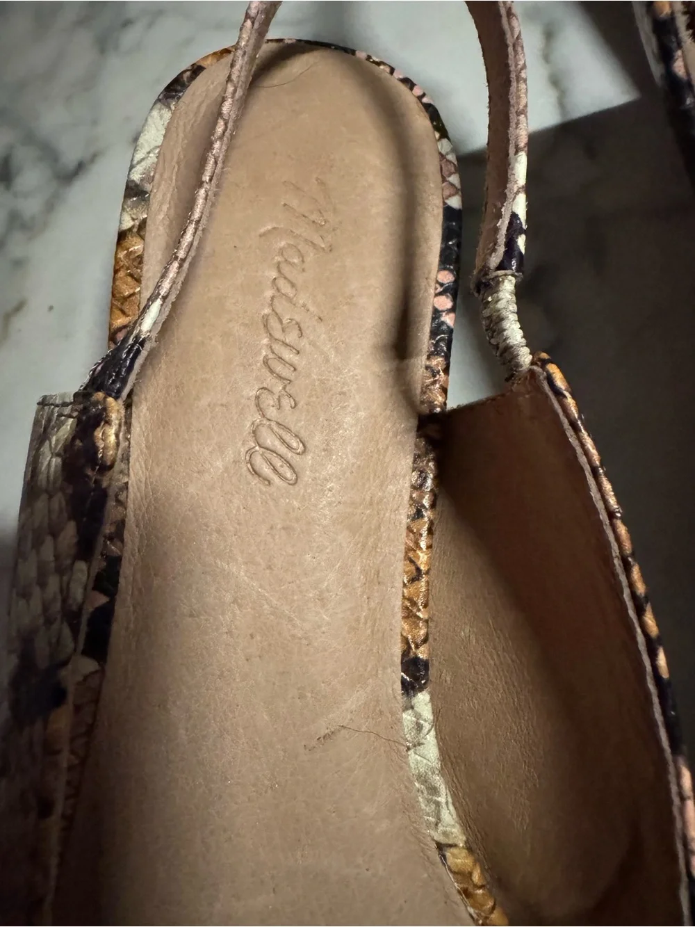 Madewell Snake-Print Slingback Flats in Black, Pink and Brown